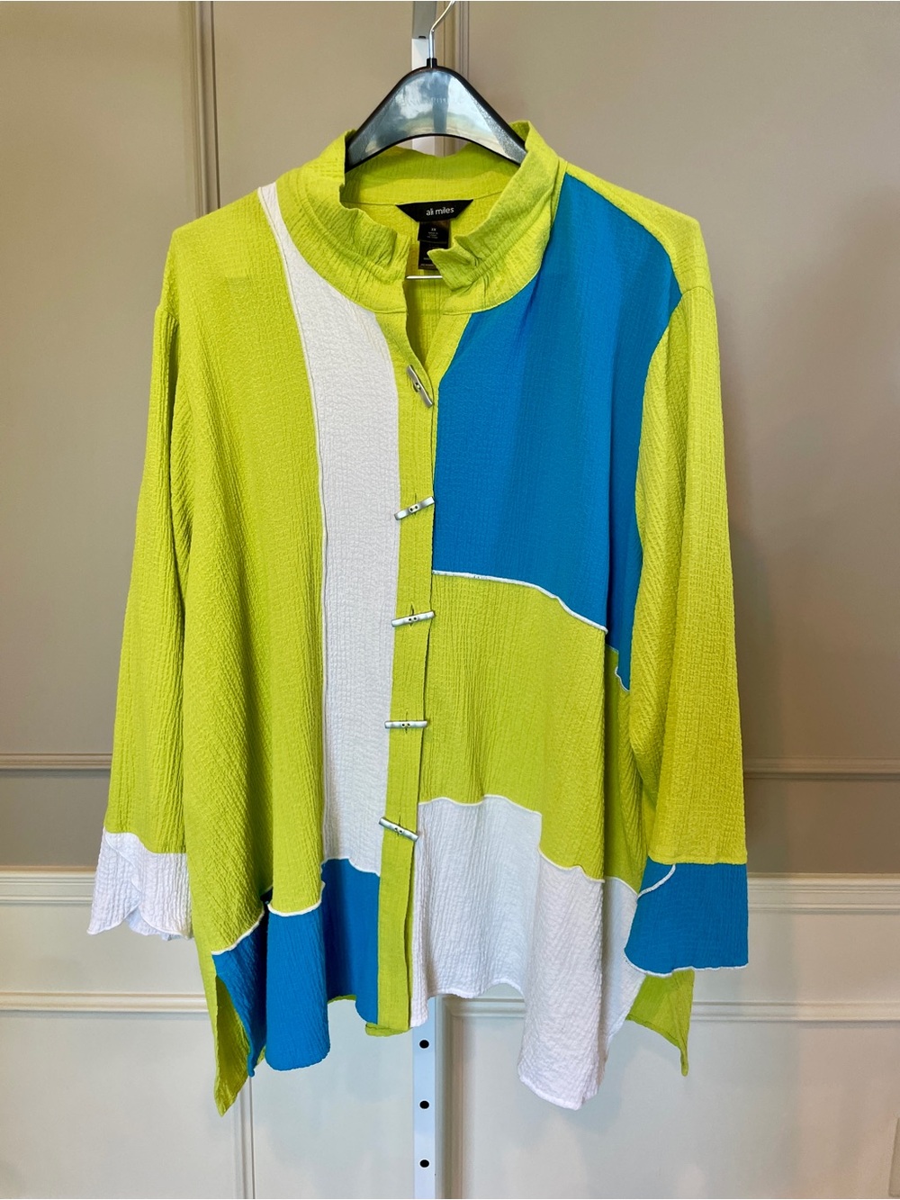 Ali Miles 3X Tunic Blouse Button Down Colorblock Shirt Lime Green Wire Collar